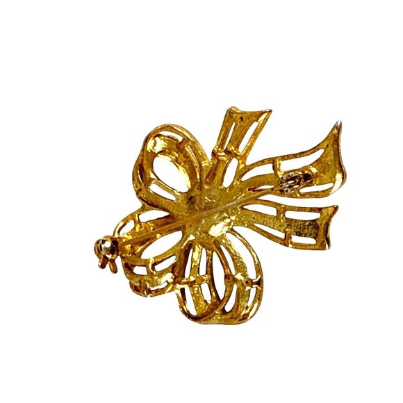Vintage Gold Tone Bow Brooch with Faux Pearl Center 2” Elegant Pin - Picture 4 of 6